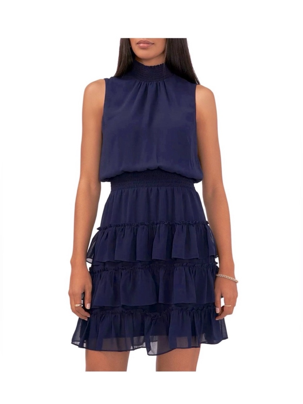 Sleeveless Navy Ruffle Tiered Smock Dress - 1 STATE
